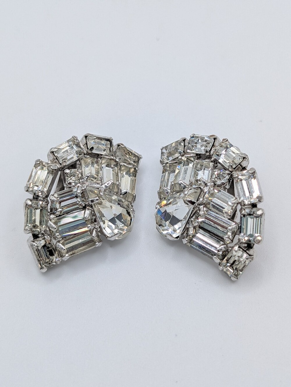 Vintage Kramer Rhinestone Clip Earrings Silver Tone Formal Glamour